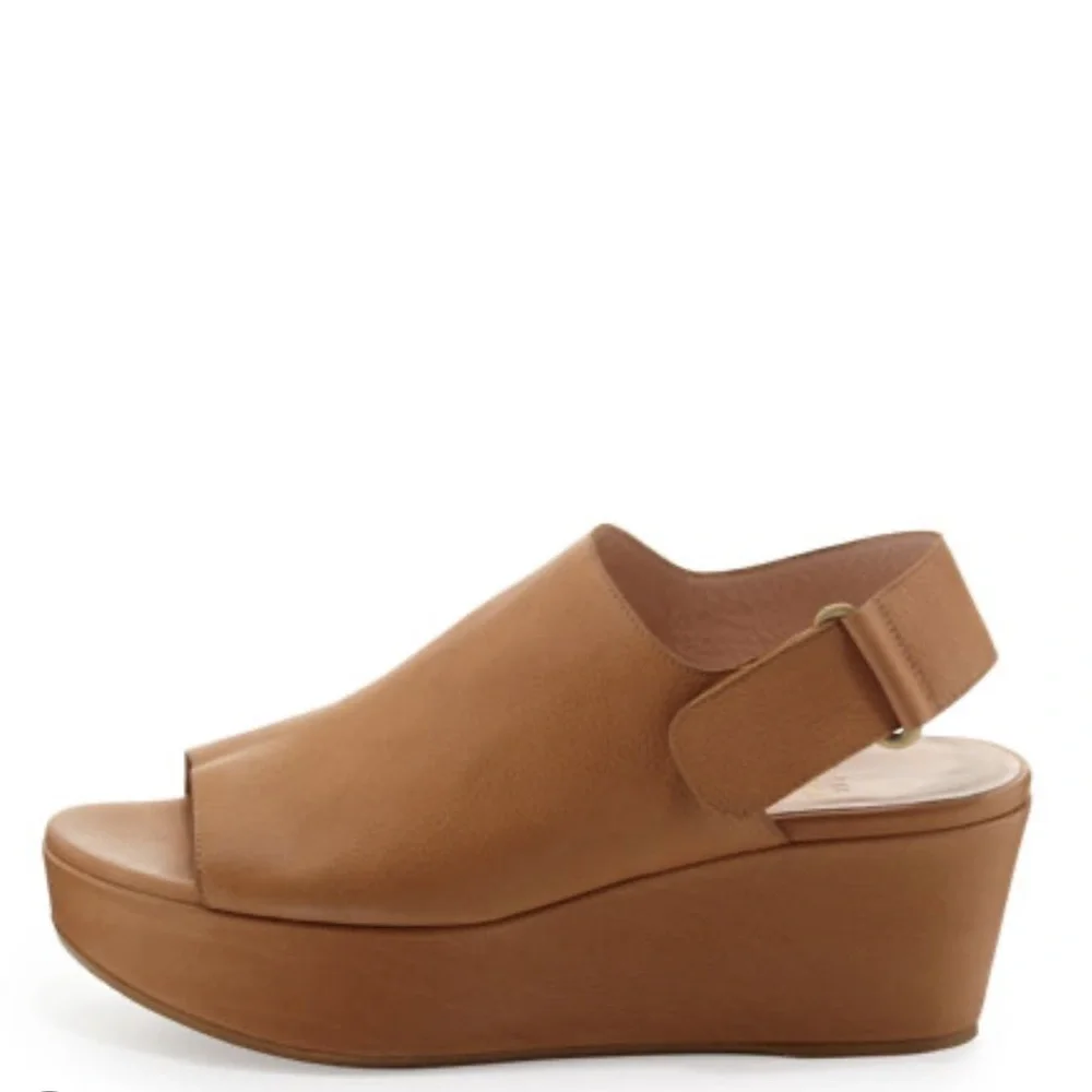 Stuart Weitzman Offset Leather Peep-Toe Wedge, Pecan size 7